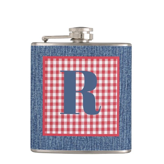 Blue Denim, Red & White Karo, Large Initial 6oz Flachmann (Vorderseite)