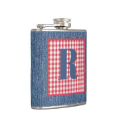 Blue Denim, Red & White Karo, Large Initial 6oz Flachmann (Rechts)