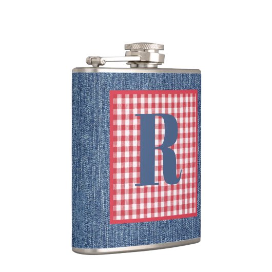 Blue Denim, Red & White Karo, Large Initial 6oz Flachmann (Rechts)