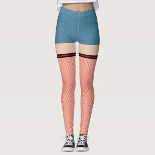 Blue Denim Shorts mit roten und schwarzen Fischern Leggings