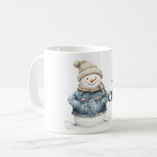 Blue Denim Snowman Christmas Kaffeetasse (Vorderseite Links)