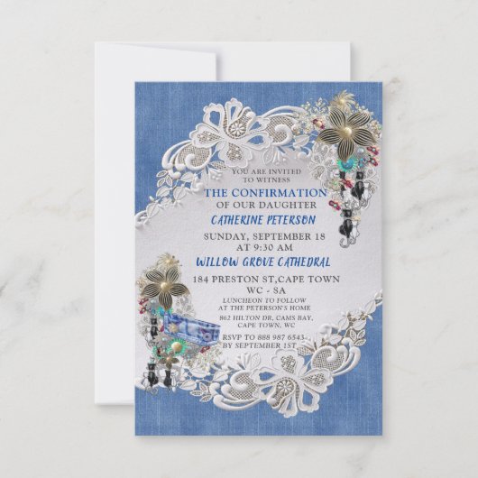 Blue Denim, Spitzen - Kostümschmuck Einladung (Vorderseite)