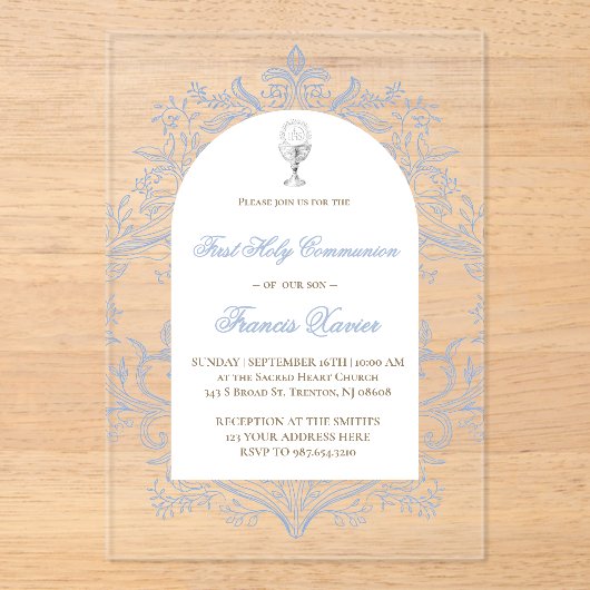 blue design First Holy Communion Acryleinladungen (Vorderseite)