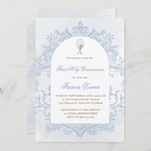  blue design First Holy Communion Einladung (Vorne/Hinten)