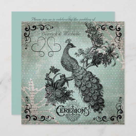 Blue Design Vintag Peacock Hochzeit Einladung (Vorne/Hinten)