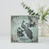 Blue Design Vintag Peacock Hochzeit Einladung (Stehend Vorderseite)