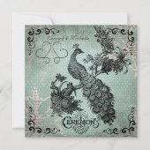 Blue Design Vintag Peacock Hochzeit Einladung (Vorderseite)