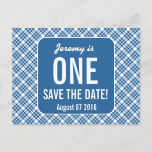 BLUE DIAGONAL KARIERT 1. BABY Kindergeburtstag P40 Ankündigungspostkarte