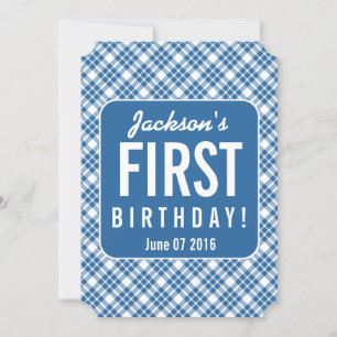 BLUE DIAGONAL KARIERT 1. Geburtstag 1 Jahr Alter B Einladung