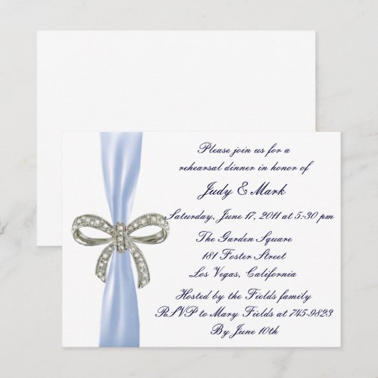 Blue Diamond Bow Hochzeitsessen Probe einladen Einladung (Vorne/Hinten)