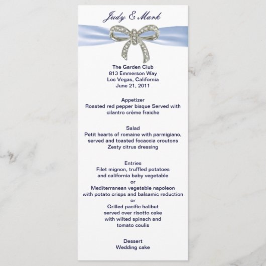 Blue Diamond Bow Wedding Menu Card Menükarte (Vorderseite)