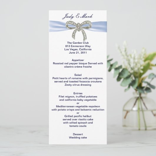 Blue Diamond Bow Wedding Menu Card Menükarte (Stehend Vorderseite)