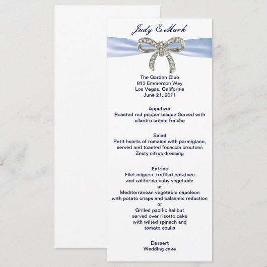 Blue Diamond Bow Wedding Menu Card Menükarte (Vorne/Hinten)
