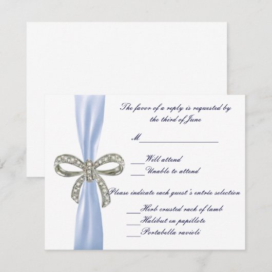 Blue Diamond Bow Wedding Response Card RSVP Karte (Vorne/Hinten)
