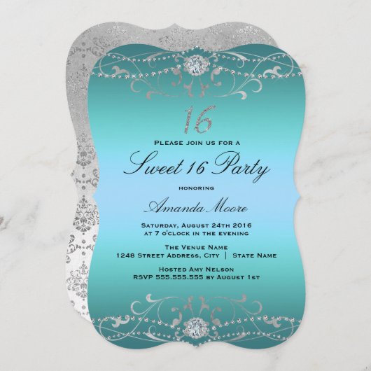 Blue Diamond Damask Sweet 16 Einladung (Vorne/Hinten)