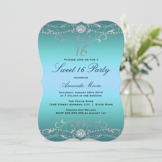 Blue Diamond Damask Sweet 16 Einladung (Stehend Vorderseite)