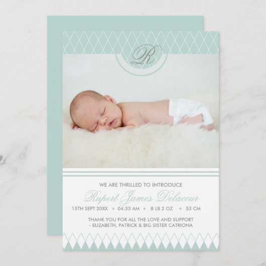 Blue Diamond Pattern Foto Geburtserklärung Ankündigung (Vorne/Hinten)