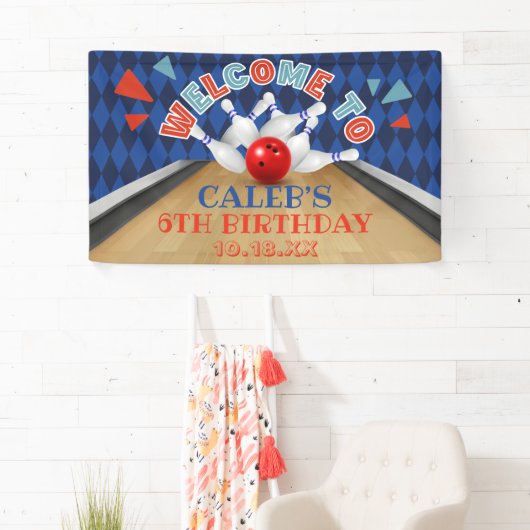 Blue Diamond Stripe Lasse Strike Bowling Birthday Banner (Insitu)
