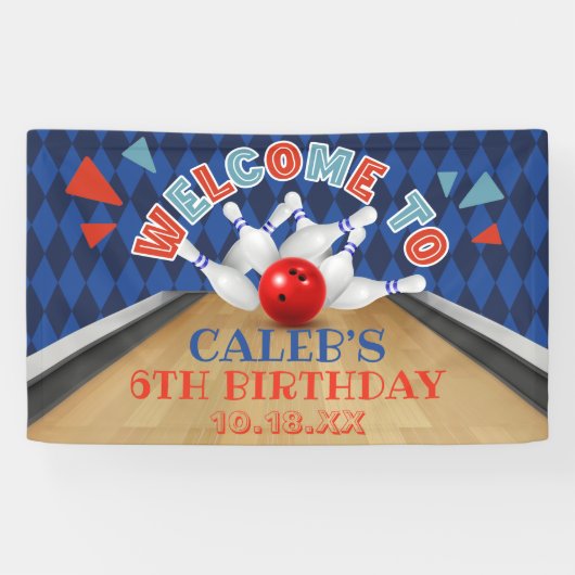 Blue Diamond Stripe Lasse Strike Bowling Birthday Banner (Horizontal)