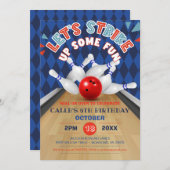 Blue Diamond Stripe Lasse Strike Bowling Birthday Einladung (Vorne/Hinten)