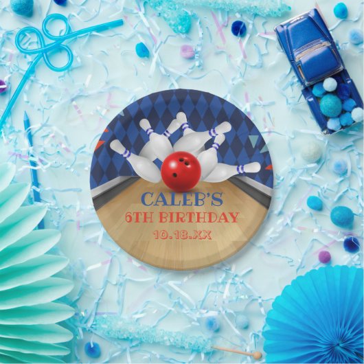 Blue Diamond Stripe Lasse Strike Bowling Birthday Pappteller (Party)