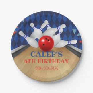 Blue Diamond Stripe Lasse Strike Bowling Birthday Pappteller