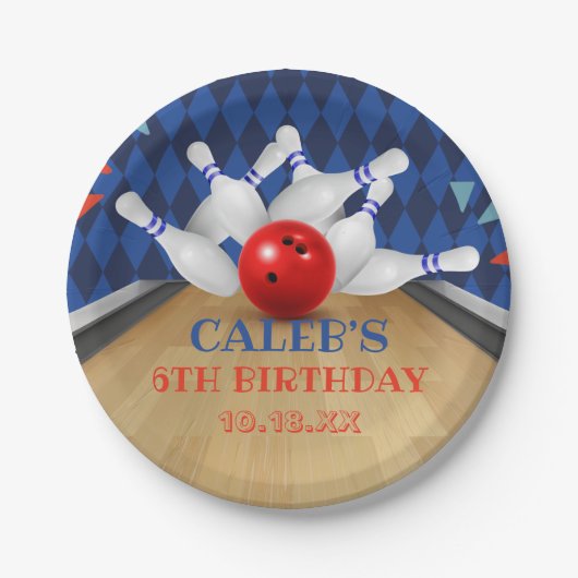 Blue Diamond Stripe Lasse Strike Bowling Birthday Pappteller (Vorderseite)