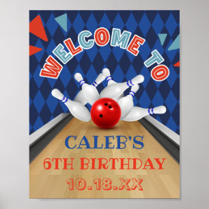 Blue Diamond Stripe Lasse Strike Bowling Birthday Poster