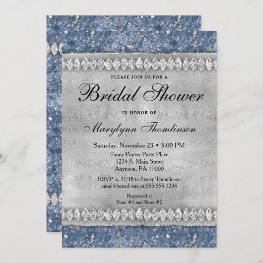 Blue Diamonds Bridal Dusche Einladung Silber (Vorne/Hinten)