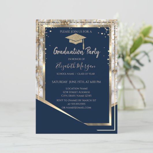Blue Diamonds Gold Grad Cap Marmor Abschluss Einladung (Stehend Vorderseite)