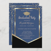 Blue, Diamonds Gold Graduation Cap Abschluss Einladung (Vorne/Hinten)