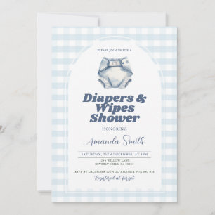 Blue Diapers and Wipes Baby Shower Blue Gingham Einladung