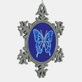 Blue Digital Butterfly, individueller Hintergrund Schneeflocken Zinn-Ornament (Links)