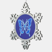 Blue Digital Butterfly, individueller Hintergrund Schneeflocken Zinn-Ornament (Rechts)