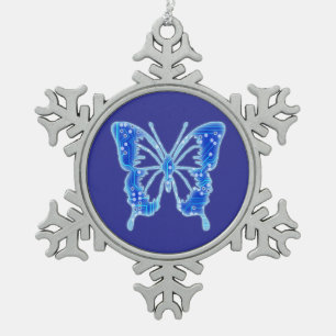 Blue Digital Butterfly, individueller Hintergrund Schneeflocken Zinn-Ornament