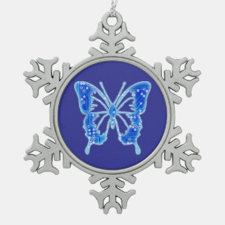 Blue Digital Butterfly, individueller Hintergrund Schneeflocken Zinn-Ornament