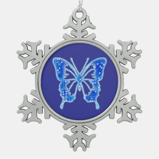 Blue Digital Butterfly, individueller Hintergrund Schneeflocken Zinn-Ornament (Vorderseite)