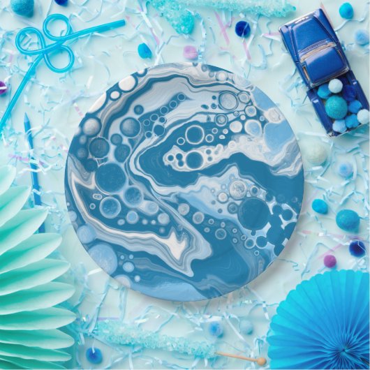 Blue Digital Fluid Art Marmor Pour Painting Cells Pappteller (Party)
