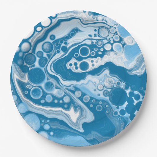 Blue Digital Fluid Art Marmor Pour Painting Cells Pappteller (Vorderseite)