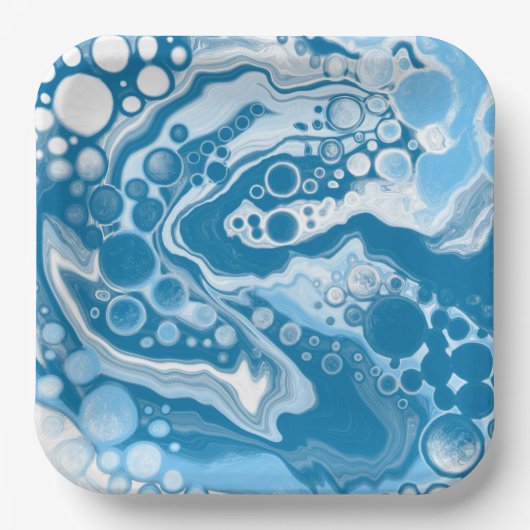 Blue Digital Fluid Art Marmor Pour Painting Cells Pappteller (Vorderseite)