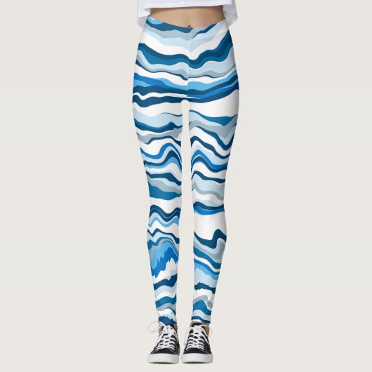 Blue Digital Fluid Art Marmorstreifen Leggings (Vorderseite)