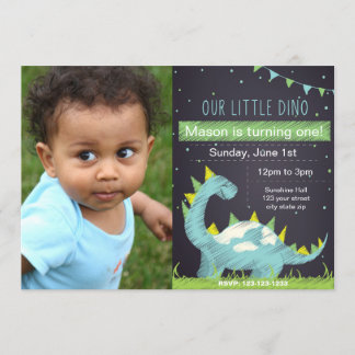 Blue Dino Einladung zum Geburtstag mit Foto
