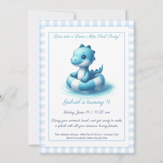 Blue Dino Pool Party - Einladung zum Geburtstag (Vorderseite)