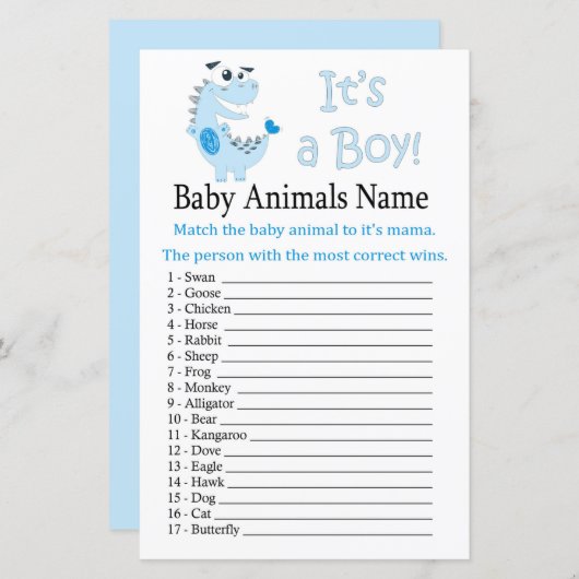 Blue Dinosaur Baby Animals Name Spiel (Vorne/Hinten)