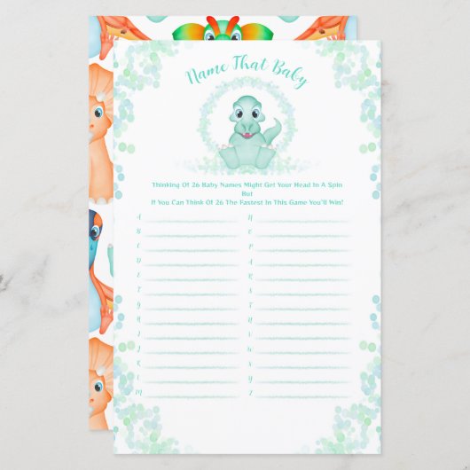 Blue Dinosaur Baby Dusche Baby Name Race Game (Vorne/Hinten)