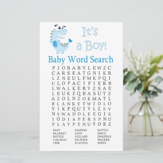 Blue Dinosaur Baby Dusche Word Search Game (Stehend Vorderseite)
