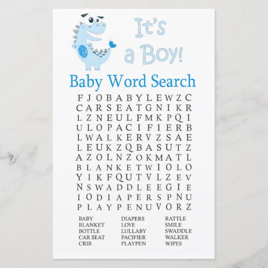 Blue Dinosaur Baby Dusche Word Search Game (Vorderseite)