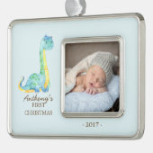 Blue Dinosaur Baby's 1. Weihnachts-Foto Ornament Rahmen-Ornament Silber (Links)