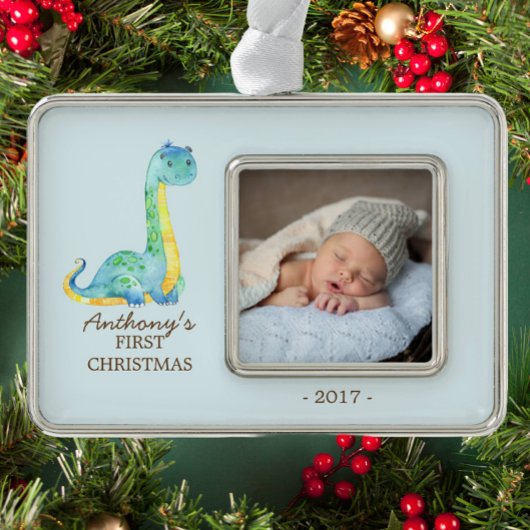 Blue Dinosaur Baby's 1. Weihnachts-Foto Ornament Rahmen-Ornament Silber