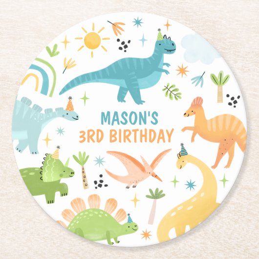 Blue Dinosaur Birthday Party  Runder Pappuntersetzer (Vorderseite)